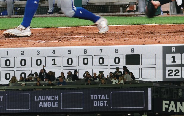 A video board shows a 22-1 White Sox lead in the ninth inning against the Royals on June 26, 2026, at Rate Field. (John J. Kim/Chicago Tribune)
