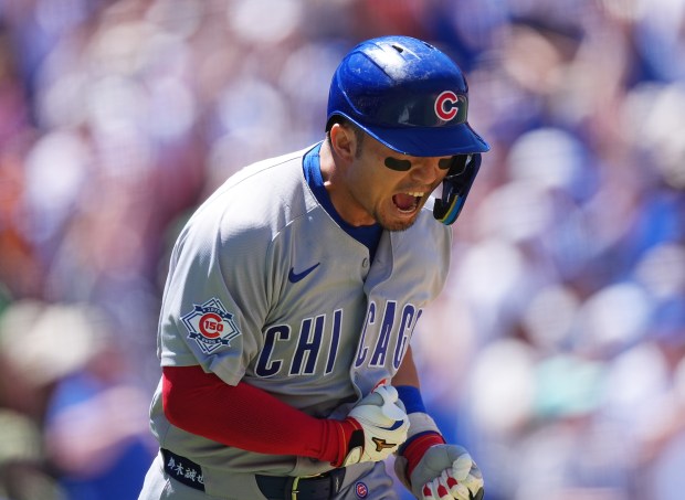 Cubs right fielder Seiya Suzuki reacts after hitting a grand slam against the Rockies in the fourth inning Thursday, June 11, 2026, in Denver. (David Zalubowski/AP)