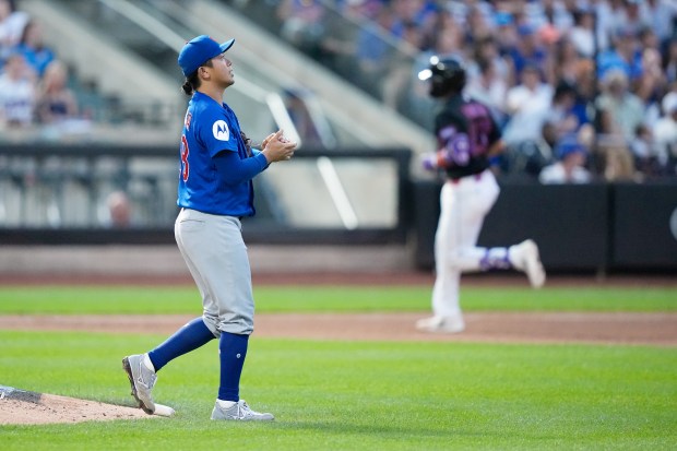 Cubs starter Shota Imanaga reacts as the Mets' Mark Vientos rounds the bases after hitting a home run in the fourth inning in Game 2 of a doubleheader Wednesday, June 24, 2026, in New York. (Frank Franklin II/AP)