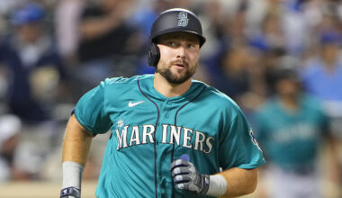 Mariners catcher Cal Raleigh in the middle of his home run trot