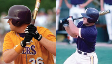 Split image showing two baseball players mid-swing: left in an orange jersey with brown helmet, right in a dark shirt with white pants.