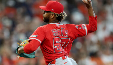 HOUSTON, TEXAS - MARCH 26: Walbert Urena #57 of the Los Angeles Angels pitches during his MLB debut in the seventh inning against the Houston Astros on Opening Day at Daikin Park on March 26, 2026 in Houston, Texas. (Photo by Tim Warner/Getty Images)
