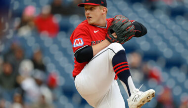 CLEVELAND, OHIO - APRIL 5: Parker Messick #77 of the Cleveland Guardians throws a pitch in the second inning during game two of a doubleheader against the Chicago Cubs at Progressive Field on April 5, 2026 in Cleveland, Ohio. (Photo by Brandon Sloter/IOS/Getty Images)
