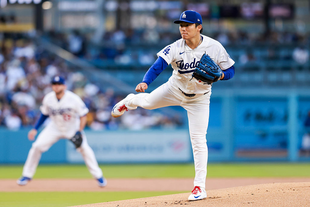 LOS ANGELES, CA - MAY 12: Yoshinobu Yamamoto #18 of the Los Angeles Dodgers pitches during the game between the San Francisco Giants and the Los Angeles Dodgers at UNIQLO Field at Dodger Stadium on Tuesday, May 12, 2026 in Los Angeles, California. (Photo by Nicole Vasquez/MLB Photos via Getty Images)