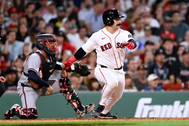 Mickey Gasper of the Boston Red Sox hits an RBI single against the Atlanta Braves during the sixth inning at Fenway Park on May 26, 2026 in Boston. (Photo by Brian Fluharty/Getty Images)