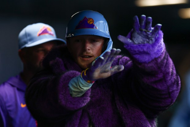  Hunter Goodman #15 of the Colorado Rockies celebrates in the dugout after hitting a solo home run in the third inning against the Milwaukee Brewers at Coors Field on June 5, 2026 in Denver, Colorado. (Photo by Justin Edmonds/Getty Images)