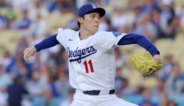 LOS ANGELES, CALIFORNIA - JUNE 05: Roki Sasaki #11 of the Los Angeles Dodgers pitches during the first inning against the Los Angeles Angels at Dodger Stadium on June 05, 2026 in Los Angeles, California. (Photo by Katelyn Mulcahy/Getty Images)