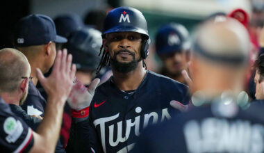 DETROIT, MICHIGAN - JUNE 10: Byron Buxton #25 of the Minnesota Twins high fives teammates in the dugout after hitting a three-run home run against the Detroit Tigers during the top of the fifth inning at Comerica Park on June 10, 2026 in Detroit, Michigan. (Photo by Nic Antaya/Getty Images)