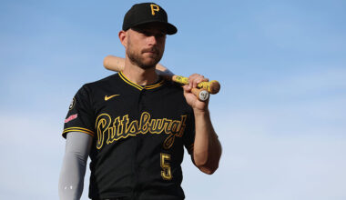 SACRAMENTO, CALIFORNIA - JUNE 17: Brandon Lowe #5 of the Pittsburgh Pirates walks to the dugout before the game against the Athletics at Sutter Health Park on June 17, 2026 in Sacramento, California. (Photo by Lachlan Cunningham/Getty Images)