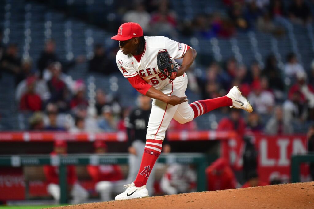 May 5, 2026; Anaheim, California, USA; Los Angeles Angels pitcher Jose Fermin (65) throws against the Chicago White Sox during the fifth inning at Angel Stadium. Mandatory Credit: Gary A. Vasquez-Imagn Images