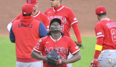 May 11, 2026; Cleveland, Ohio, USA; Los Angeles Angels relief pitcher Jose Fermin (65) walks off the mound during a pitching change in the third inning against the Cleveland Guardians at Progressive Field. Mandatory Credit: David Richard-Imagn Images