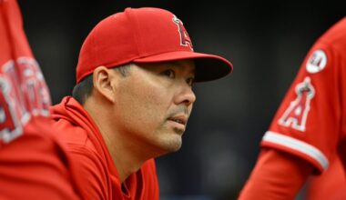 May 31, 2026; St. Petersburg, Florida, USA; Los Angeles Angels manager Kurt Suzuki (8) looks at the scoreboard during the fifth inning against Tampa Bay Rays at Tropicana Field. Mandatory Credit: Pablo Robles-Imagn Images