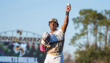 Baseball pitcher raises his arm in triumph after a strikeout on the field with a blurred stadium in the background.