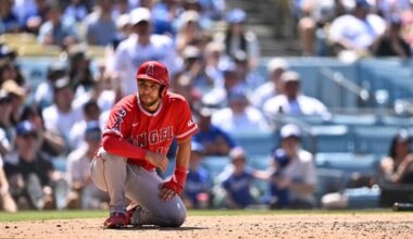 Jun 7, 2026; Los Angeles, California, USA; Los Angeles Angels third baseman Nick Madrigal (17) looks towards the dugout after being throw out at home plate trying to score against the Los Angeles Dodgers during the fifth inning at Dodger Stadium. Mandatory Credit: William Liang-Imagn Images