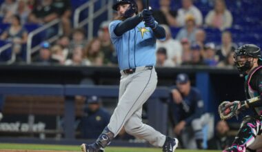 Tampa Bay's Ryan Vilade hits a single during the first inning of a baseball game against the Miami Marlins Friday, June 5, 2026, in Miami. (AP Photo/Marta Lavandier)