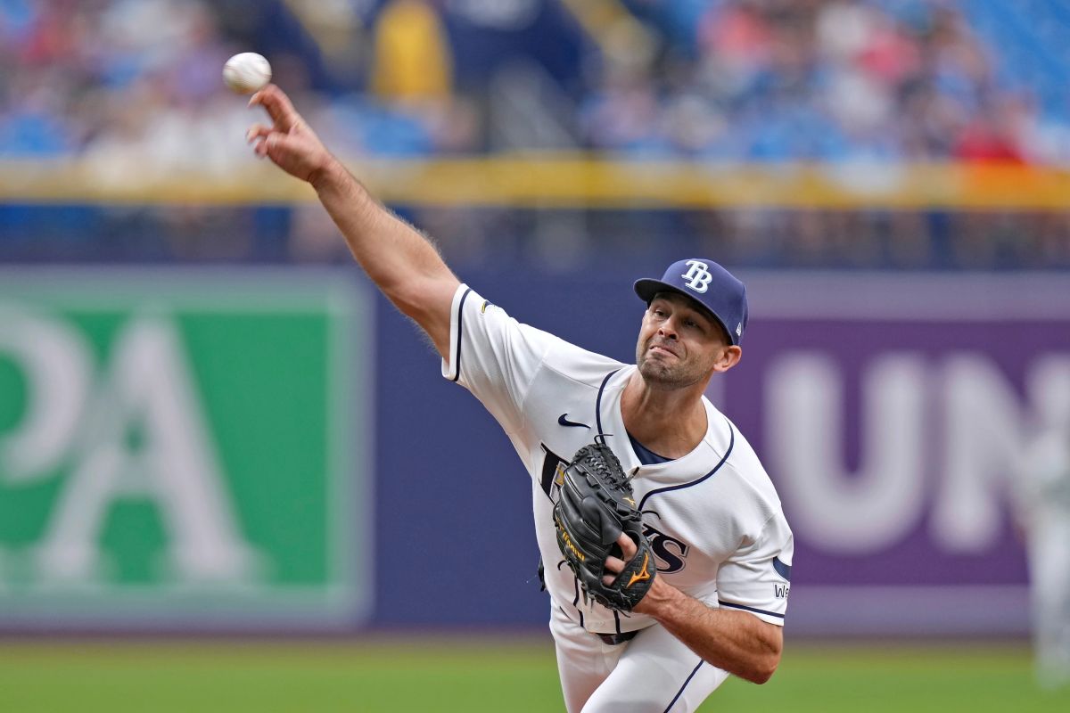 Tampa Bay Rays pitcher Nick Martinez delivers to the Cincinnati Reds during the first inning of a baseball game Wednesday, April 22, 2026, in St. Petersburg, Fla. (AP Photo/Chris O'Meara)