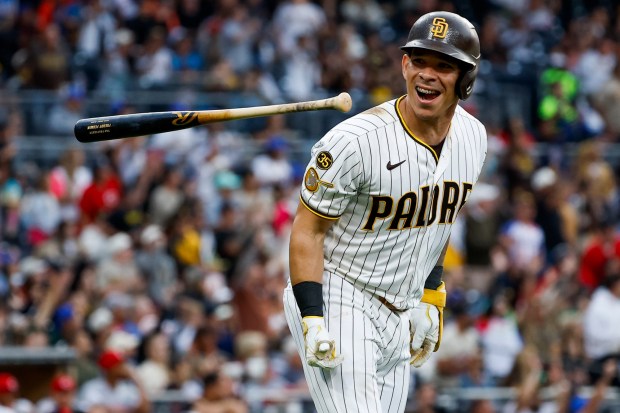 Freddy Fermin #54 of the San Diego Padres celebrates after a home run against the Cincinnati Reds during the third inning at Petco Park on Monday, June 8, 2026 in San Diego, California. (Meg McLaughlin / The San Diego Union-Tribune)