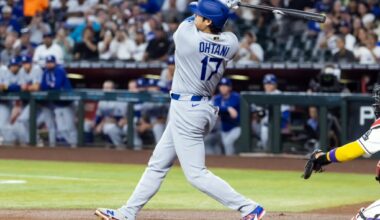 Jun 2, 2026; Phoenix, Arizona, USA; Los Angeles Dodgers designated hitter Shohei Ohtani hits a double in the first inning against the Arizona Diamondbacks at Chase Field. Mandatory Credit: Mark J. Rebilas-Imagn Images