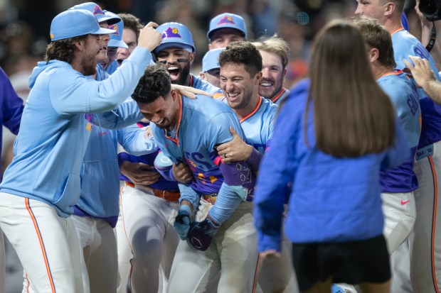 Shortstop Ezequiel Tovar (14) of the Colorado Rockies celebrates hitting a game-wining two-score homer on pitcher Caleb Kilian (45) of the San Francisco Giants during the ninth inning on Friday, May 29, 2026, at Coors Field in Denver. (Photo by Timothy Hurst/The Denver Post)