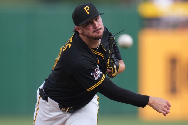 Pittsburgh Pirates pitcher Paul Skenes delivers during the second inning of a baseball game against the Los Angeles Dodgers in Pittsburgh, Tuesday, June 9, 2026. (AP Photo/Gene J. Puskar)