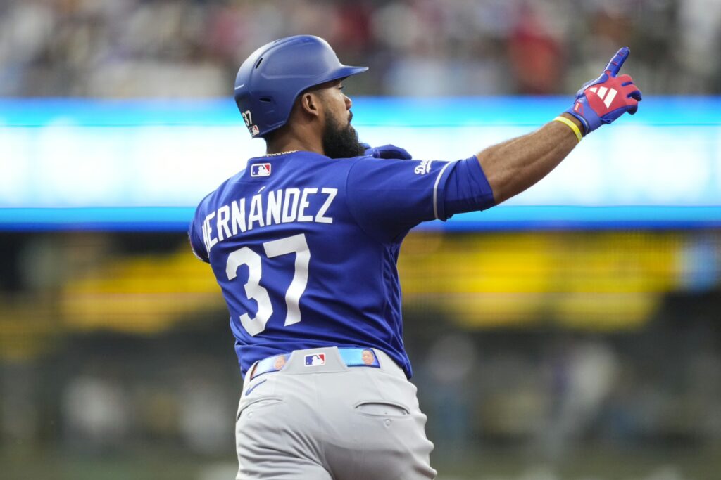 May 23, 2026; Milwaukee, Wisconsin, USA; Los Angeles Dodgers left fielder Teoscar Hernandez (37) celebrates while rounding the bases after hitting a home during the fourth inning against the Milwaukee Brewers at American Family Field. Mandatory Credit: Jeff Hanisch-Imagn Images