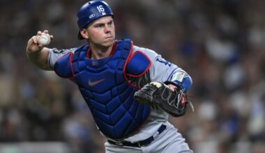 Sep 28, 2022; San Diego, California, USA; Los Angeles Dodgers catcher Will Smith (16) throws to first base on a ground out by San Diego Padres left fielder Jurickson Profar (not pictured) during the fourth inning at Petco Park. Mandatory Credit: Orlando Ramirez-USA TODAY Sports