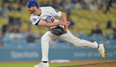 May 11, 2026; Los Angeles, California, USA; Los Angeles Dodgers relief pitcher Wyatt Mills (58) delivers a pitch in the ninth inning against the San Francisco Giants at Dodger Stadium. Mandatory Credit: Jayne Kamin-Oncea-Imagn Images