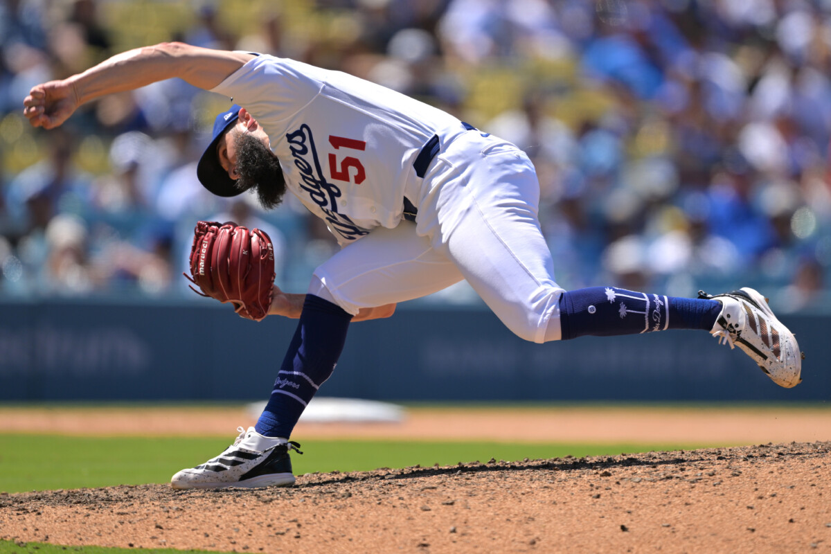 Jun 17, 2026; Los Angeles, California, USA;  Los Angeles Dodgers relief pitcher Alex Vesia (51) delivers to the plate during the ninth inning earning a save against the Tampa Bay Rays at Dodger Stadium. Mandatory Credit: Jayne Kamin-Oncea-Imagn Images