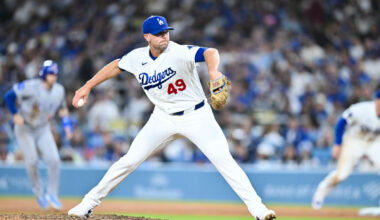 Apr 24, 2026; Los Angeles, California, USA; Los Angeles Dodgers pitcher Blake Treinen (49) pitches during the eighth inning against the Chicago Cubs at Dodger Stadium. Mandatory Credit: William Liang-Imagn Images