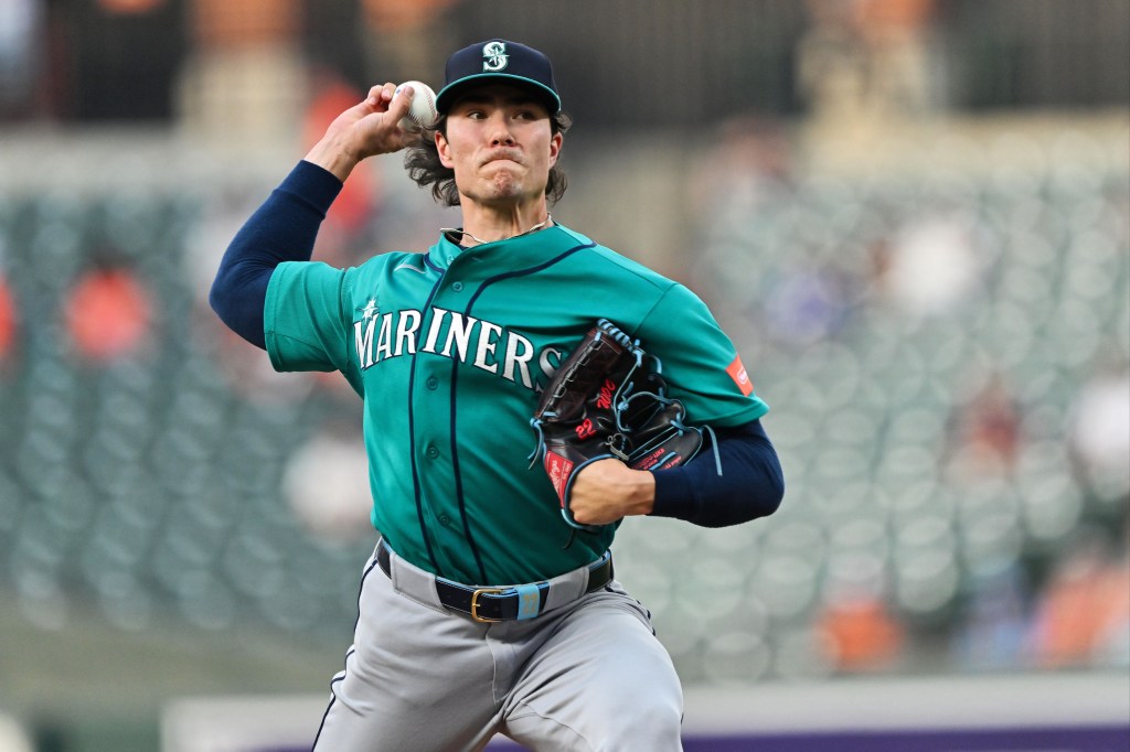 Bryan Woo #22 of the Seattle Mariners pitches against the Baltimore Orioles at Oriole Park at Camden Yards on June 11, 2026 in Baltimore, Maryland.