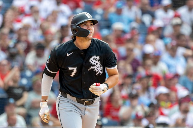 White Sox first baseman Jacob Gonzalez watches his solo home run in the third inning against the Phillies on Saturday, June 6, 2026, in Philadelphia. (AP Photo/Laurence Kesterson)
