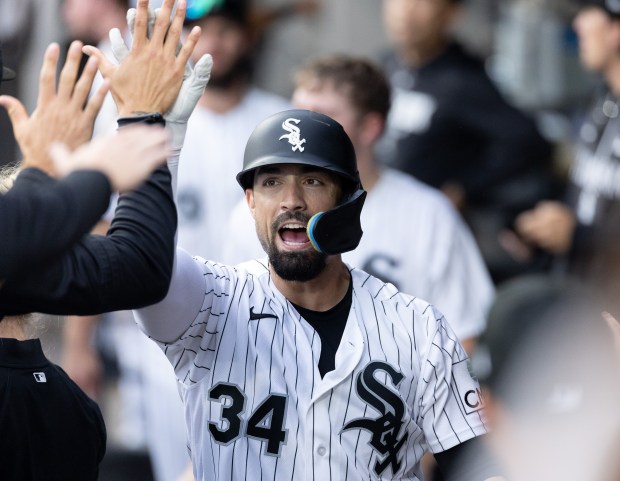 White Sox designated hitter Randal Grichuk celebrates a home run in the ninth inning against the Guardians on Wednesday, June 24, 2026, at Rate Field. (Josh Boland/Chicago Tribune)