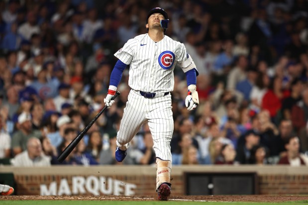 Seiya Suzuki of the Chicago Cubs reacts to lining out during the fourth inning against the San Francisco Giants at Wrigley Field on June 7, 2026. (Geoff Stellfox/Getty Images)