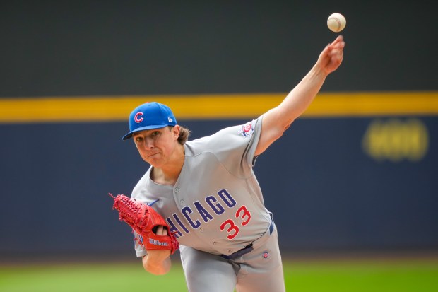 Chicago Cubs pitcher Ryan Rolison throws during the first inning of a baseball game against the Milwaukee Brewers, Sunday, June 28, 2026, in Milwaukee. (AP Photo/Kayla Wolf)