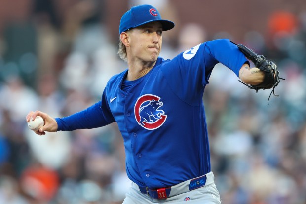 Chicago Cubs pitcher Ben Brown throws to a San Francisco Giants batter during the first inning of a baseball game Saturday, June 13, 2026, in San Francisco, Calif. (AP Photo/Scott Marshall)