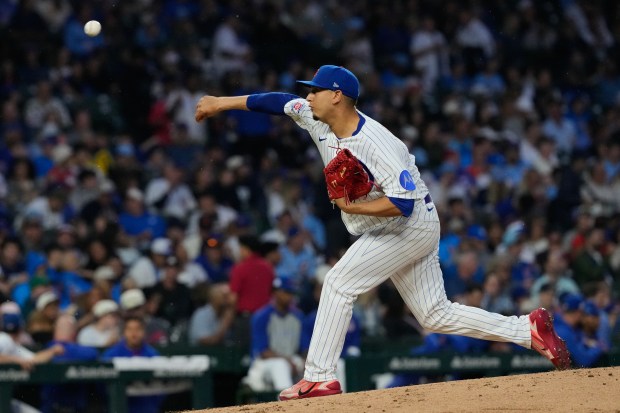 Chicago Cubs pitcher Javier Assad throws against the San Francisco Giants during the second inning of a game at Wrigley Field on Sunday, June 7, 2026. (AP Photo/Nam Y. Huh)