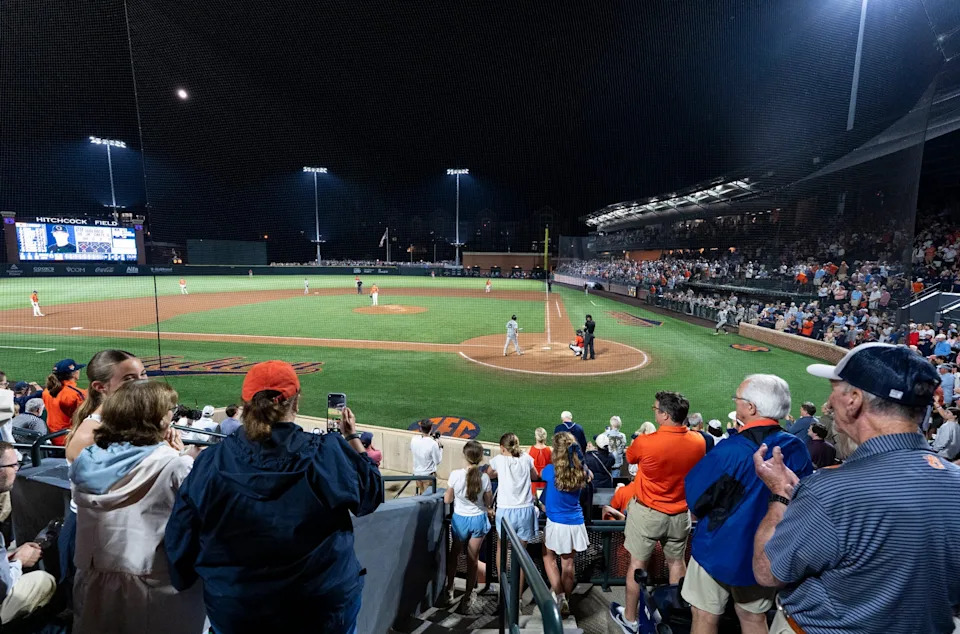 Fans stand for the final out of the game as Auburn Tigers take on Milwaukee Panthers during the NCAA Regional Baseball tournament at Plainsman Park in Auburn, Ala. on Monday, June 1, 2026. Auburn Tigers defeated Milwaukee Panthers 8-3.