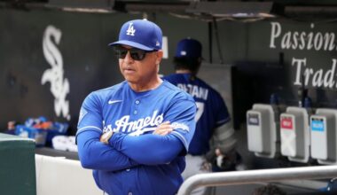 Los Angeles Dodgers manager Dave Roberts (30) in the dugout before the game against the Chicago White Sox at Rate Field.