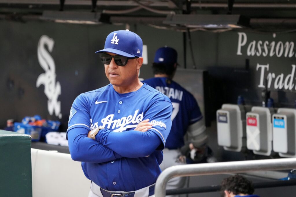 Los Angeles Dodgers manager Dave Roberts (30) in the dugout before the game against the Chicago White Sox at Rate Field.