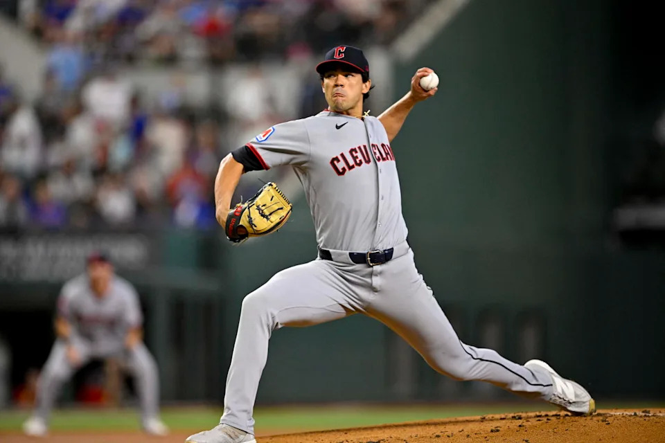 Jun 7, 2026; Arlington, Texas, USA; Cleveland Guardians starting pitcher Joey Cantillo (54) pitches against the Texas Rangers during the first inning at Globe Life Field. Mandatory Credit: Jerome Miron-Imagn Images