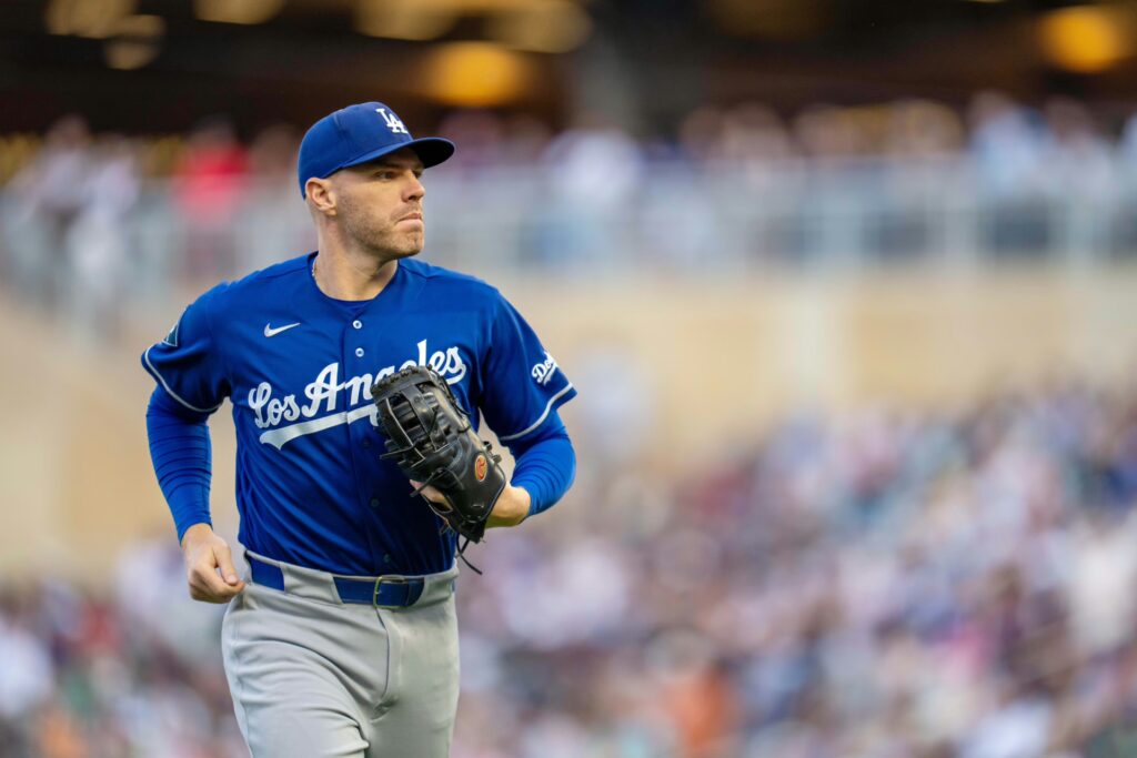 Los Angeles Dodgers first baseman Freddie Freeman (5) looks on running off the field in the fourth inning at Target Field. 