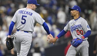 May 19, 2026; San Diego, California, USA; Los Angeles Dodgers first baseman Freddie Freeman (5) and shortstop Mookie Betts (50) celebrate after the Dodgers beat the San Diego Padres at Petco Park. Mandatory Credit: Denis Poroy-Imagn Images