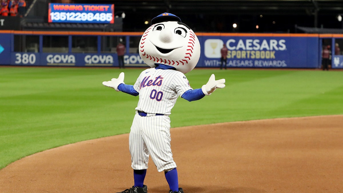 Mr. Met mascot performing on the field at Citi Field in New York