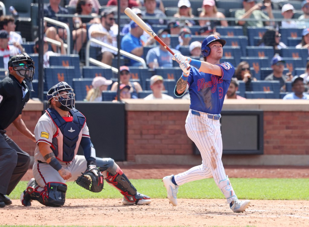 New York Mets center fielder A.J. Ewing (9) after hitting a solo home run.