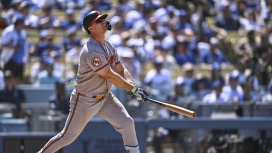 Baltimore Orioles first baseman Pete Alonso (25) hits a three-run home run against the Los Angeles Dodgers during seventh inning at Dodger Stadium. 
