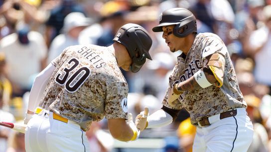 Jun 28, 2026; San Diego, California, USA; San Diego Padres third baseman Manny Machado (13) celebrates with first baseman Gavin Sheets (30) after hitting a one run home run during the fourth inning against the Los Angeles Dodgers at Petco Park. Jun 28, 2026; San Diego, California, USA; San Diego Padres third baseman Manny Machado (13) celebrates with first baseman Gavin Sheets (30) after hitting a one run home run during the fourth inning against the Los Angeles Dodgers at Petco Park.