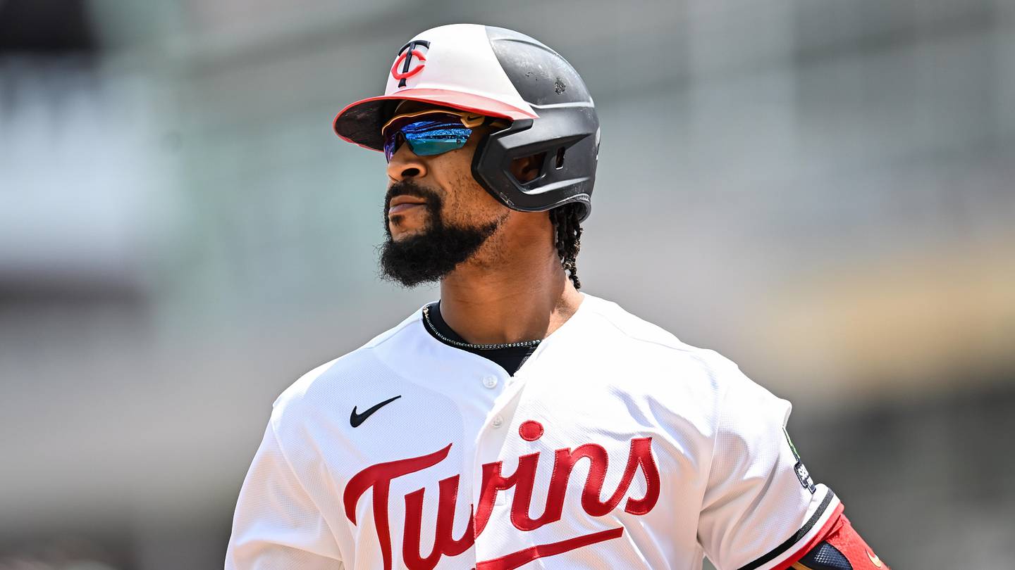 Jun 28, 2026; Minneapolis, Minnesota, USA; Minnesota Twins designated hitter Byron Buxton (25) looks on against the Colorado Rockies during the fourth inning at Target Field. Mandatory Credit: Jeffrey Becker-Imagn Images