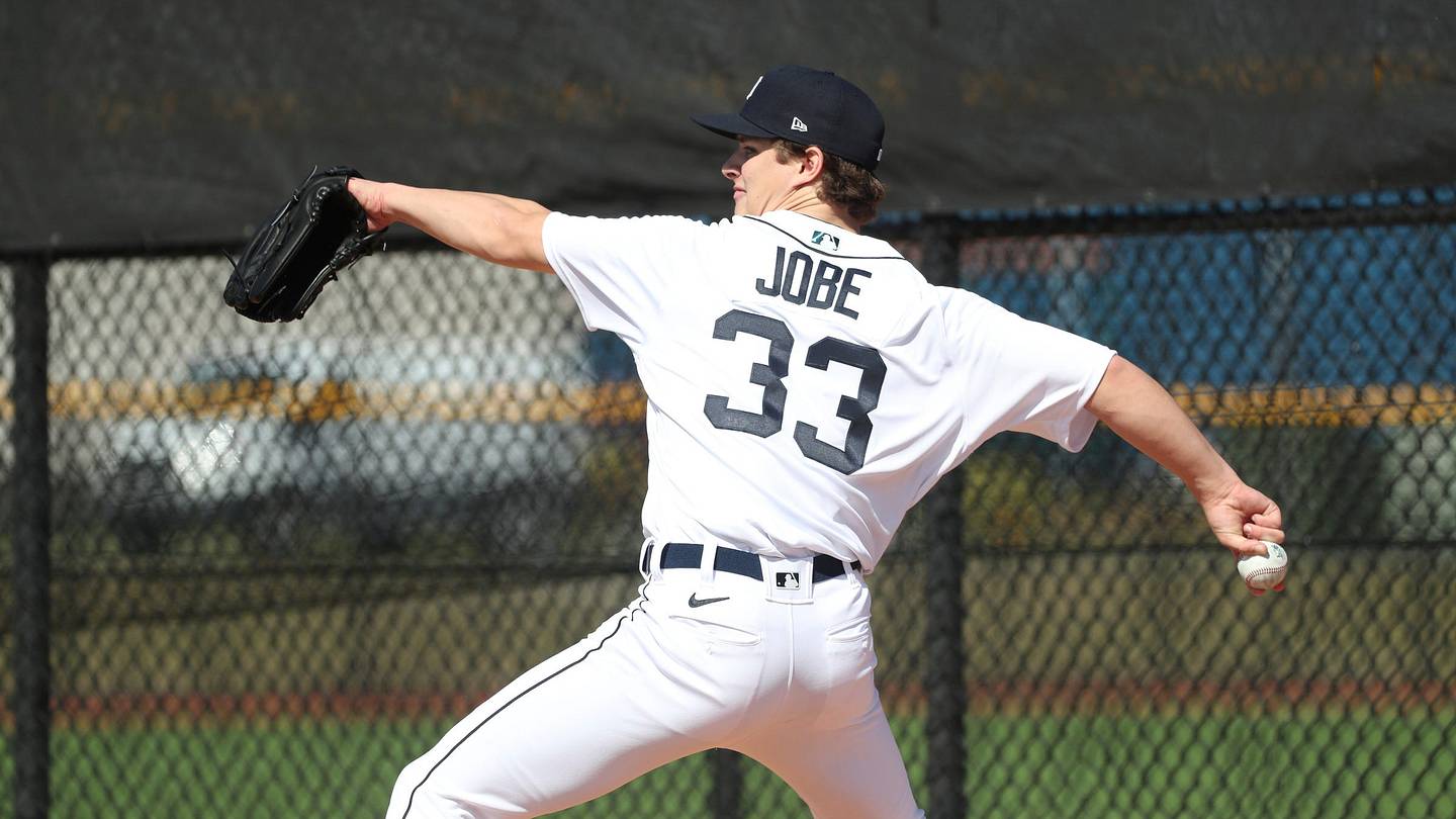 Detroit Tigers pitching prospect Jackson Jobe throws during spring training workouts Feb 16, 2022.