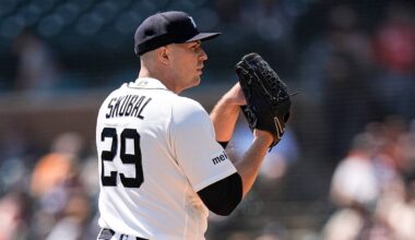 Detroit Tigers pitcher Tarik Skubal (29) throws against Milwaukee Brewers during the first inning at Comerica Park in Detroit on Thursday, April 23, 2026.