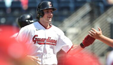 Jul 1, 2026: Cleveland Guardians right fielder Chase DeLauter (24) celebrates after scoring during the seventh inning against the Texas Rangers at Progressive Field.